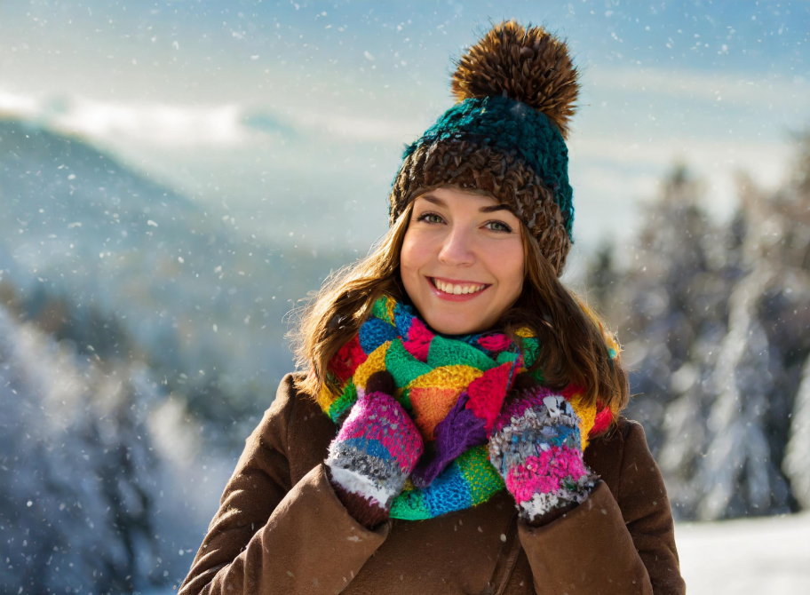 moda damska zimą_kobieta w kolorowym szaliku i rękawiczkach